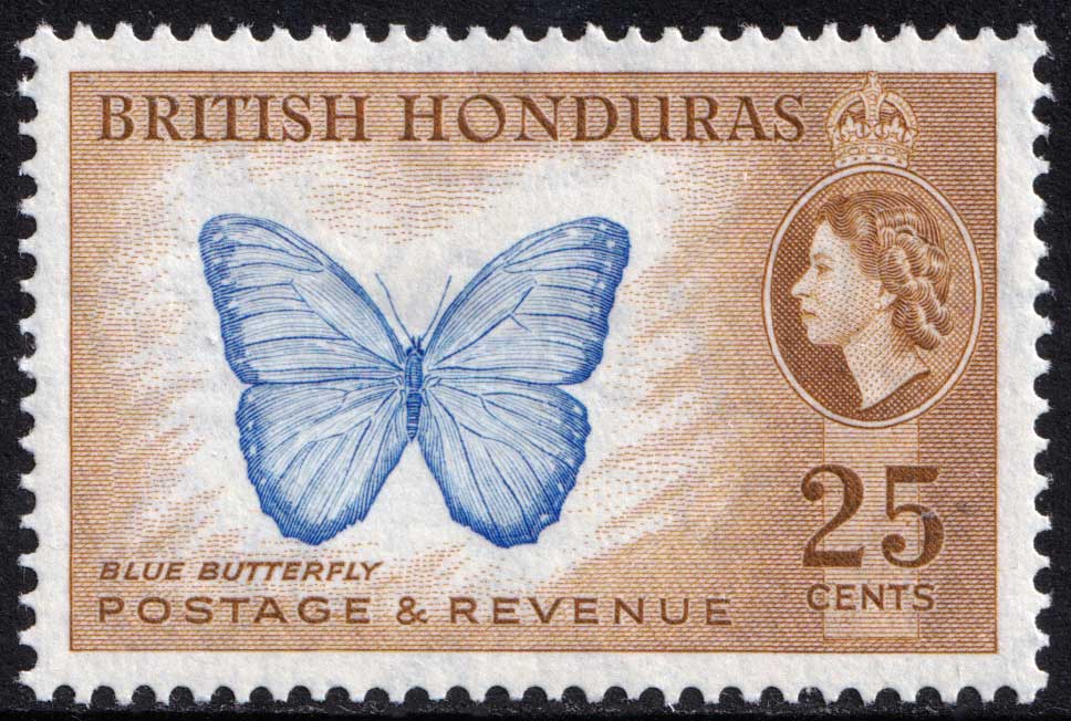 British Honduras QEII 1953-62 25c Blue Yellow-Brown Butterfly SG186 Mint MH