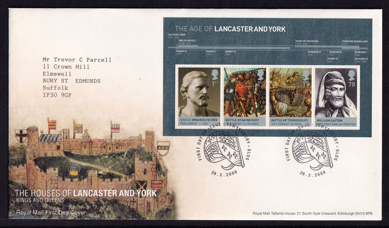 Great Britain QEII 2008 FDC Lancaster and York Mini Sheet Tewkesbury postmark