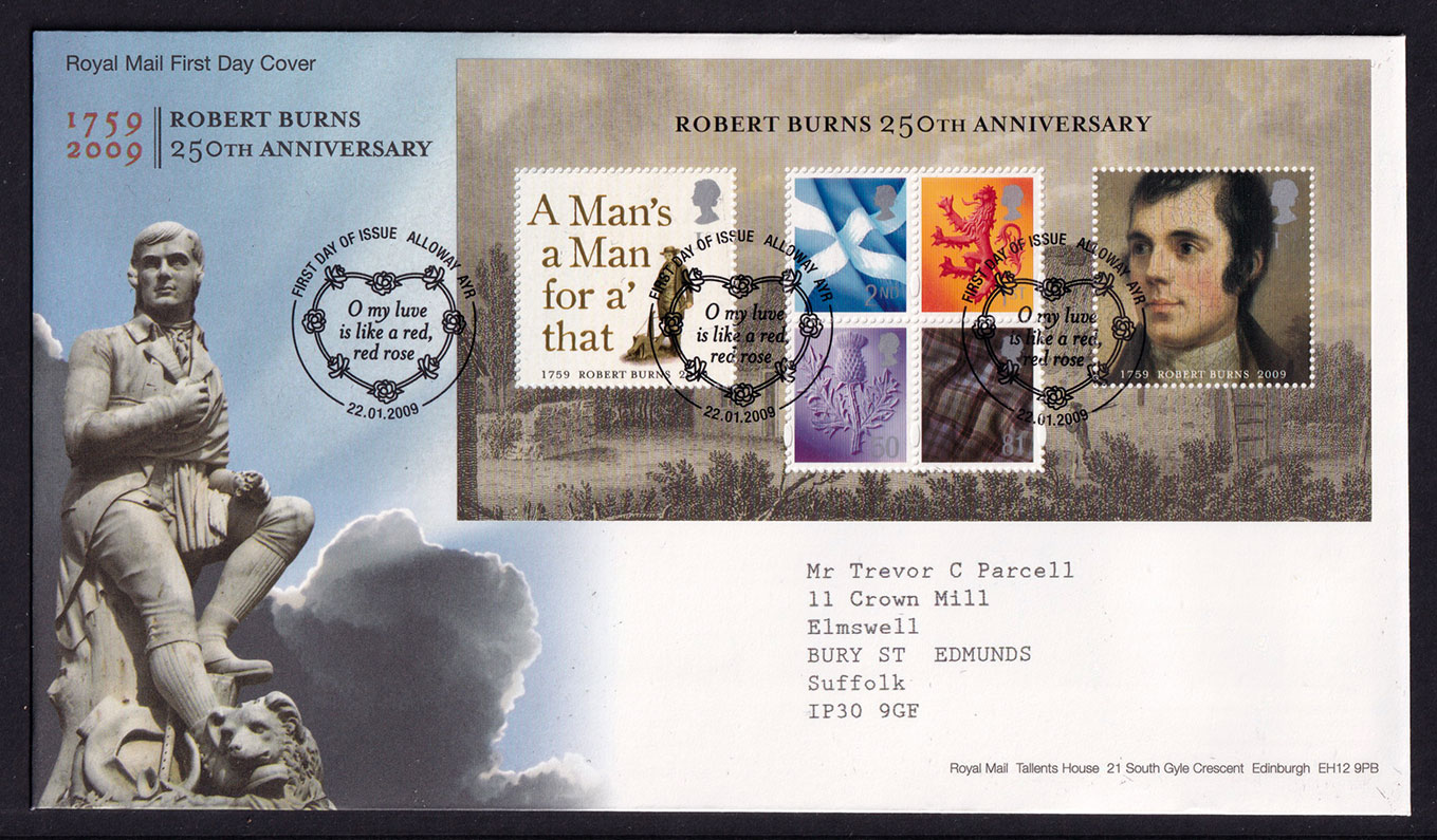 Great Britain QEII 2009 FDC Robert Burns Mini Sheet Alloway Postmark