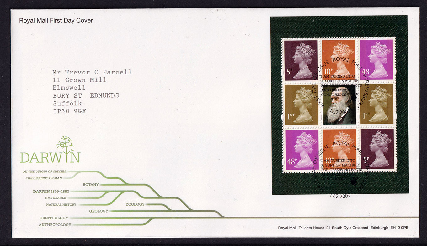 Great Britain QEII 2009 FDC Charles Darwin Prestige Pane Shrewsbury Postmark