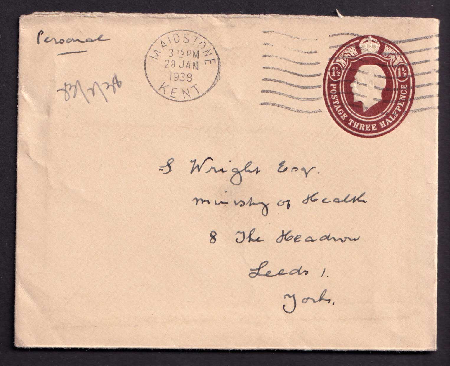 Great Britain KGV 1938 1 1/2d Brown Cover Embossed Postal Stationery Fine Used