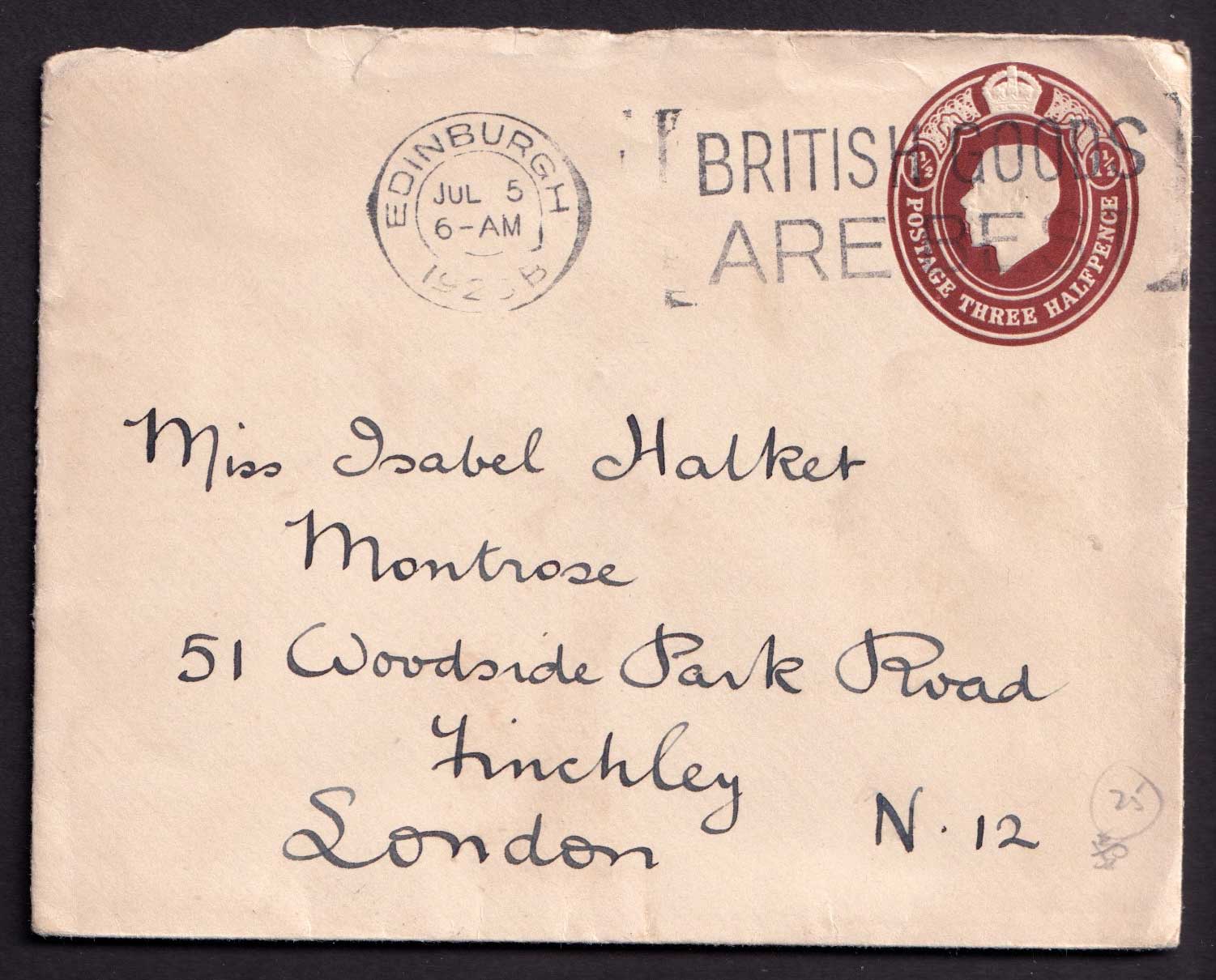 Great Britain KGV 1 1/2d Brown Cover Embossed Postal Stationery Used Edinburgh
