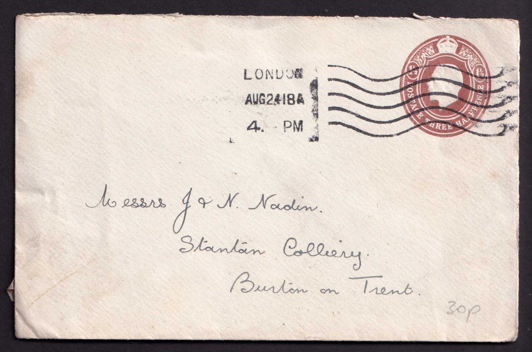 Great Britain KGV 1918 1 1/2d Brown Cover Embossed Postal Stationery Used London