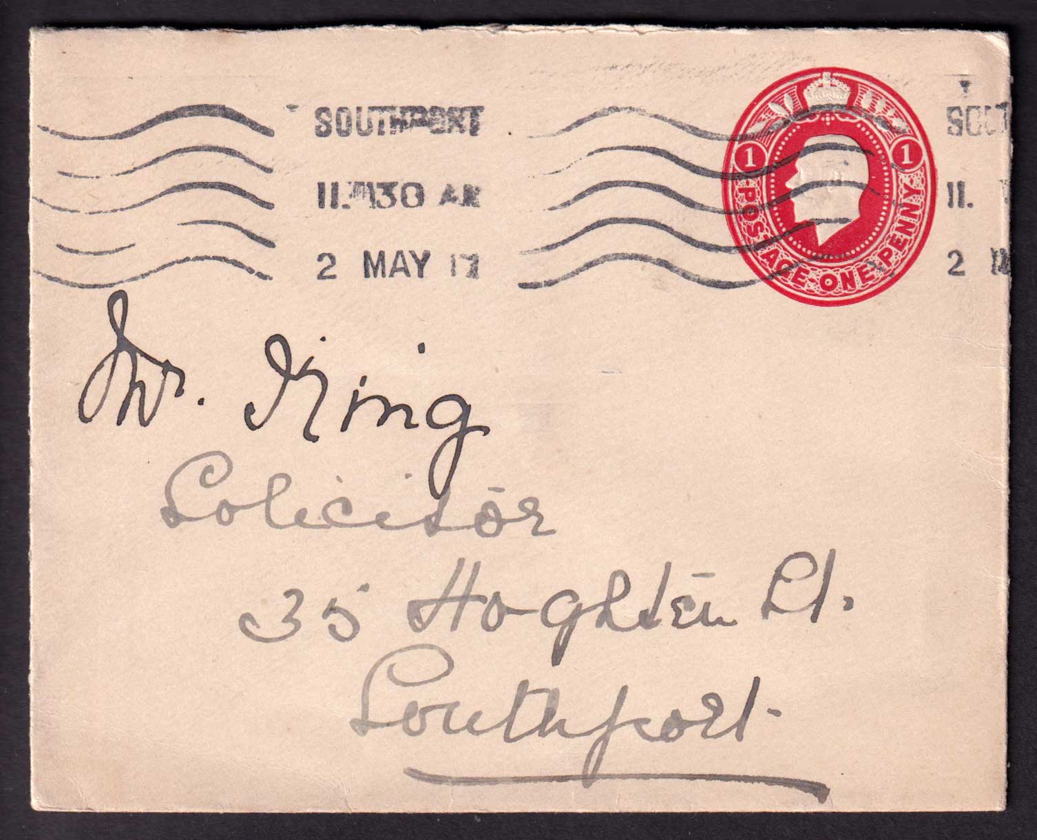 Great Britain KGV 1917 1d Red Cover Embossed Postal Stationery Used Southport