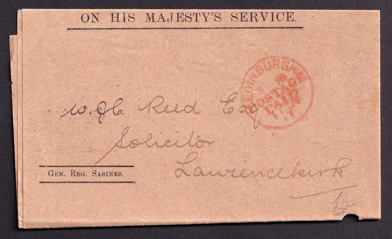 Great Britain KGV 1917 OHMS Cover with Red Postage Paid Stamp Edinburgh content relating to General Register of Sasines