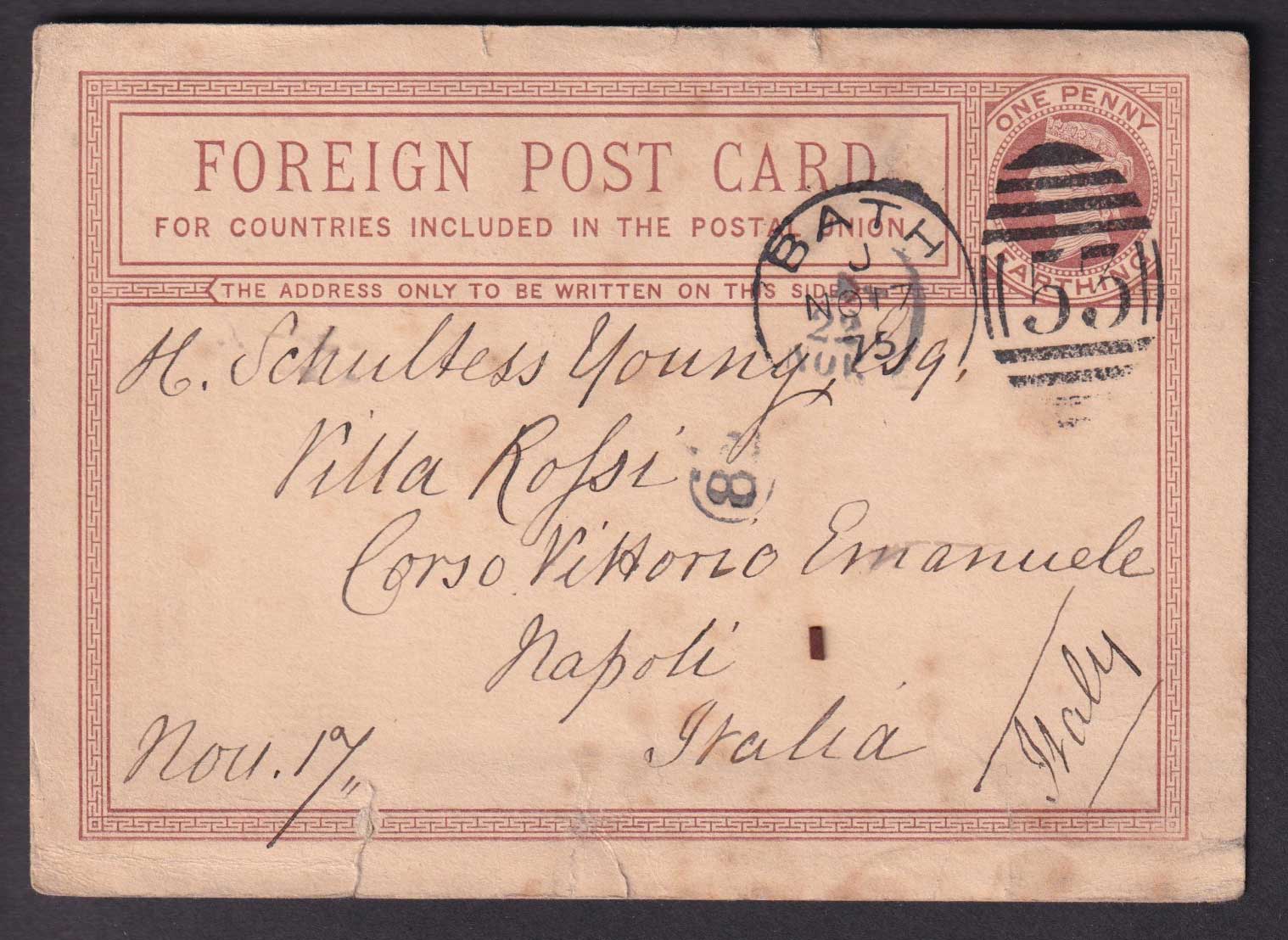 Great Britain QV 1875 1d Farthing Foreign Postcard Bath to Napoli/Naples Italy Good 53 Duplex Codford St Mary Circular cancel Postal History