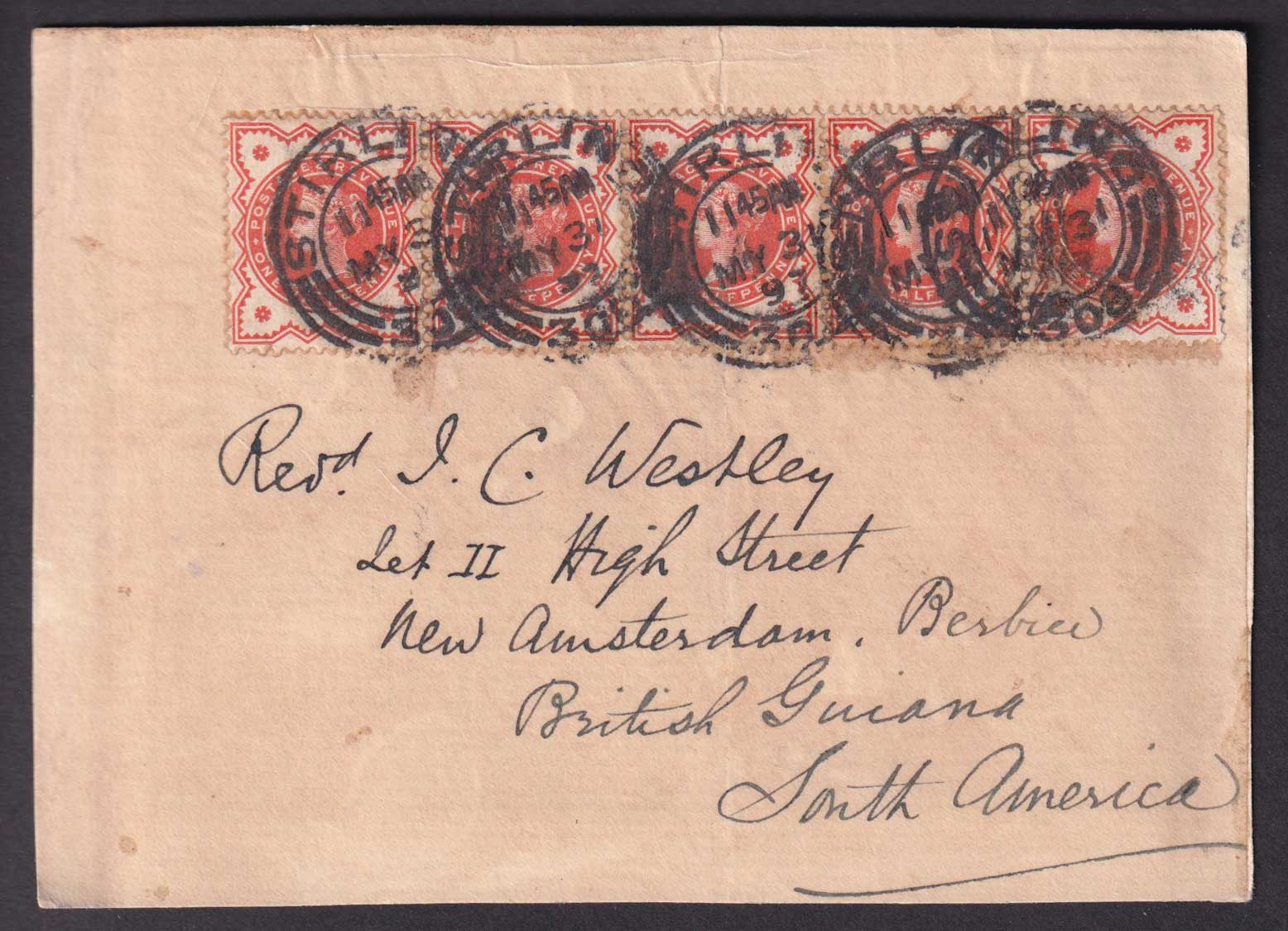 Great Britain QV 1897 1/2d Vermilion SG197 strip of 5 on card piece Stirling to British Guiana South America Postal History