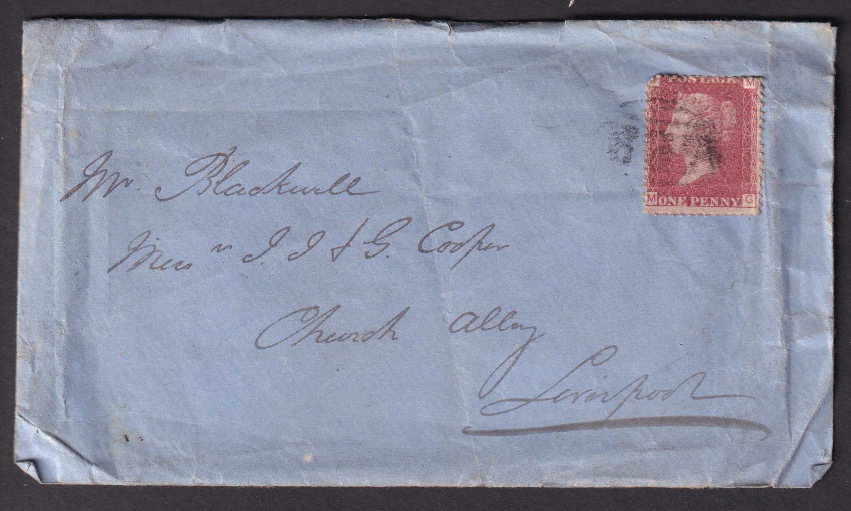 Great Britain QV 1870 1d Penny Red 'MG' Cover to Liverpool containing letter Postal History