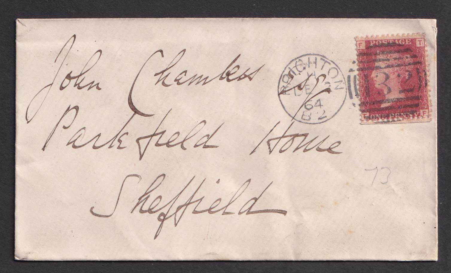 Great Britain QV 1864 1d Penny Red 'TF' Cover from Brighton to Sheffield 132 Duplex Circular Numeral Fine Used Postal History