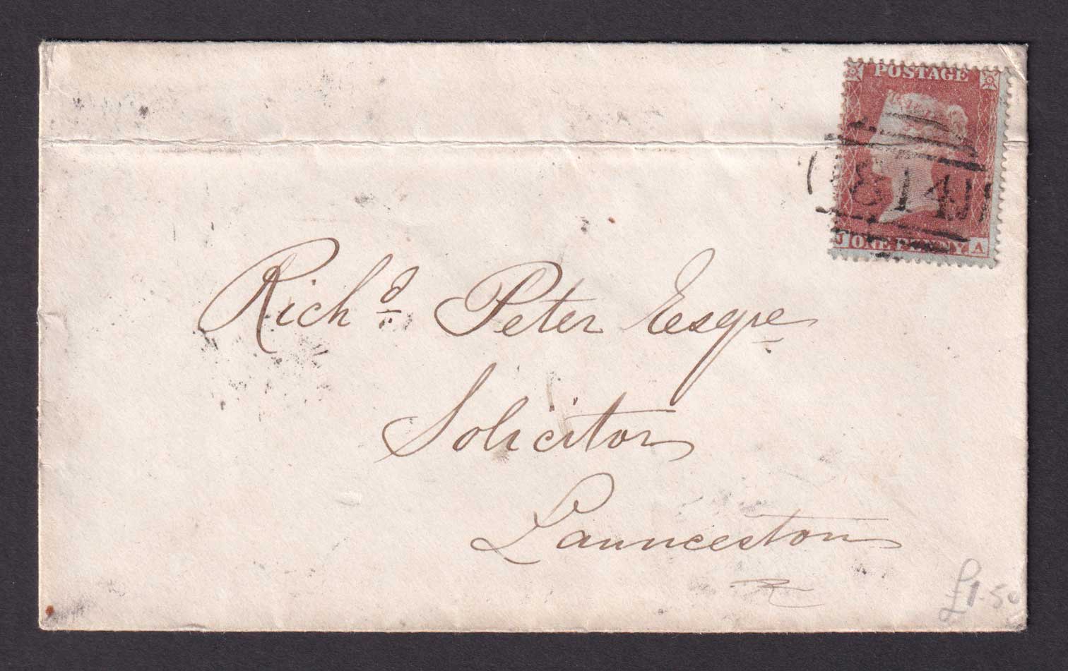 Great Britain QV 1855 1d Penny Red Stars 'JA' Cover from Truro to Launceston via Plymouth 814 Truro Numeral Horizontal Oval Postal History