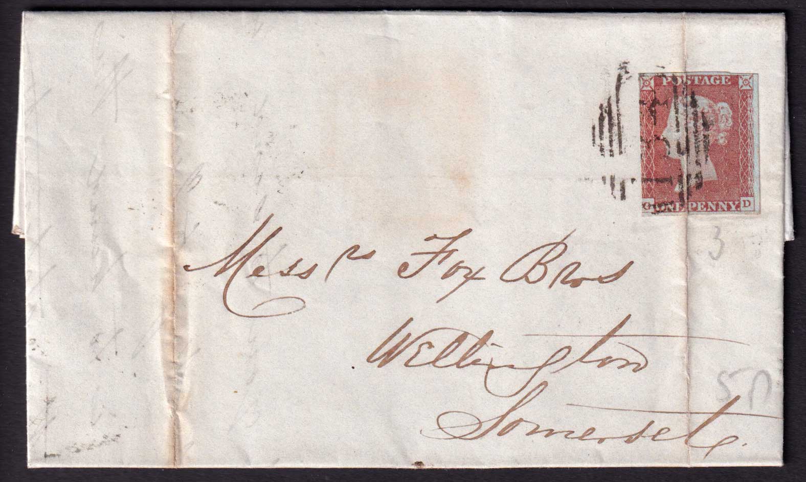 Great Britain QV 1847 1d Red-Brown Entire Bristol to Wellington Somerset Postal History