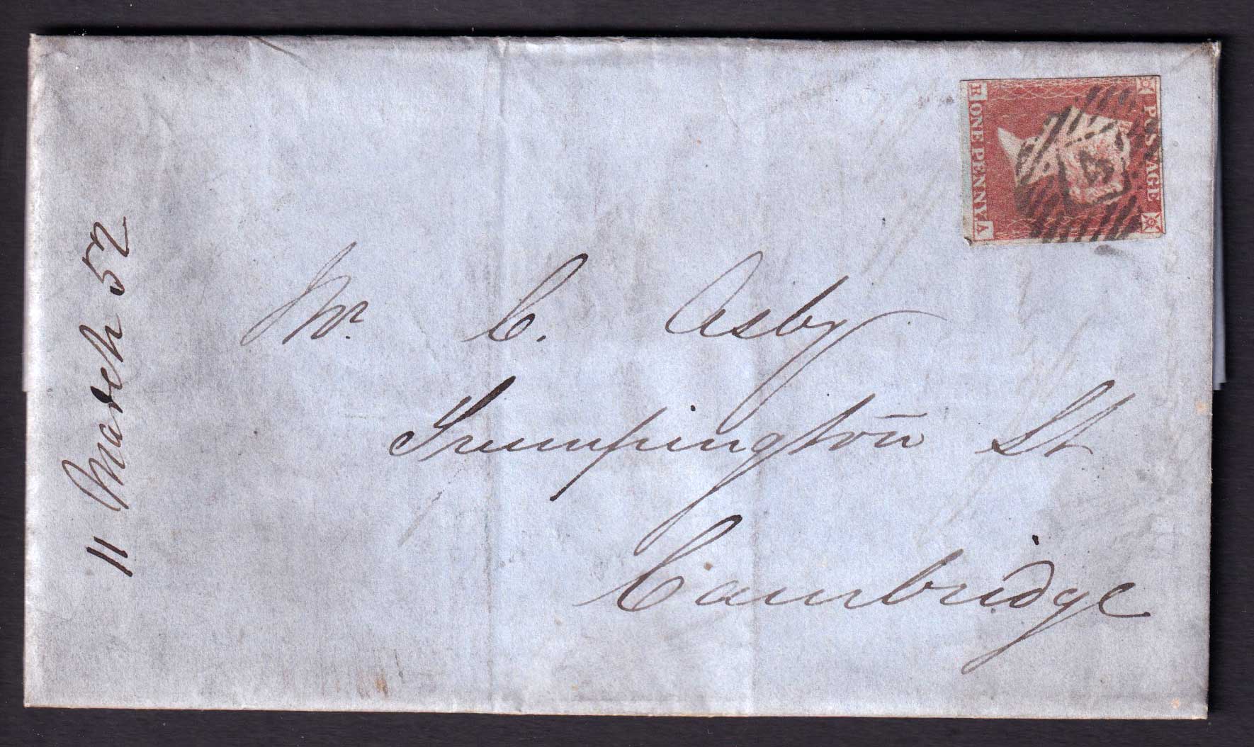 Great Britain QV 1852 1d Red-Brown Entire London to Cambridge Postal History