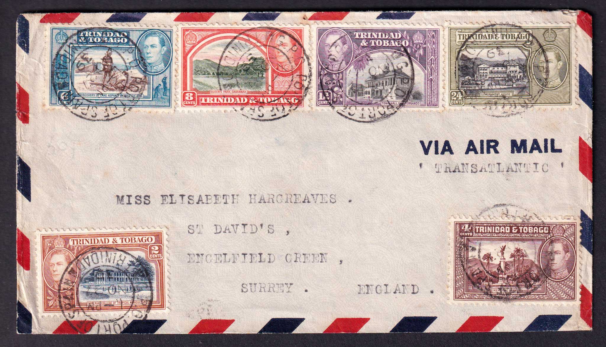 Trinidad and Tobago KGVI 1939 Airmail Cover to Surrey England