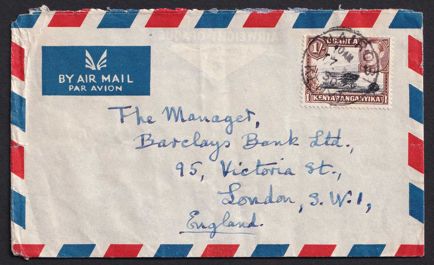 British KUT KGVI 1950 Nairobi Kenya to London England 1s Airmail Cover Postal History