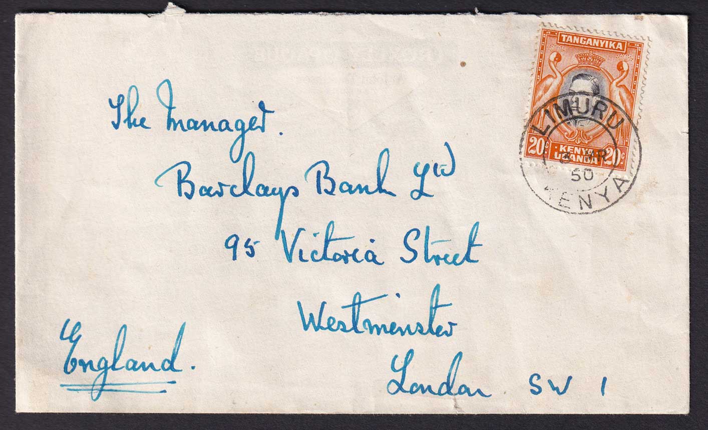 British KUT KGVI 1950 Limuru Kenya to London England 20c Airmail Cover Postal History