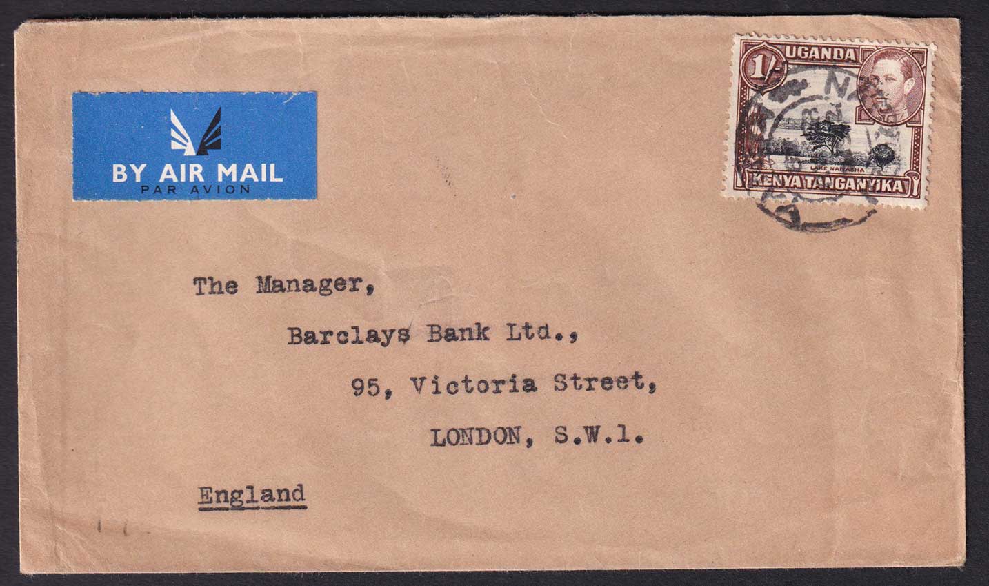 British KUT KGVI Nairobi to London England 1s Airmail Cover Postal History