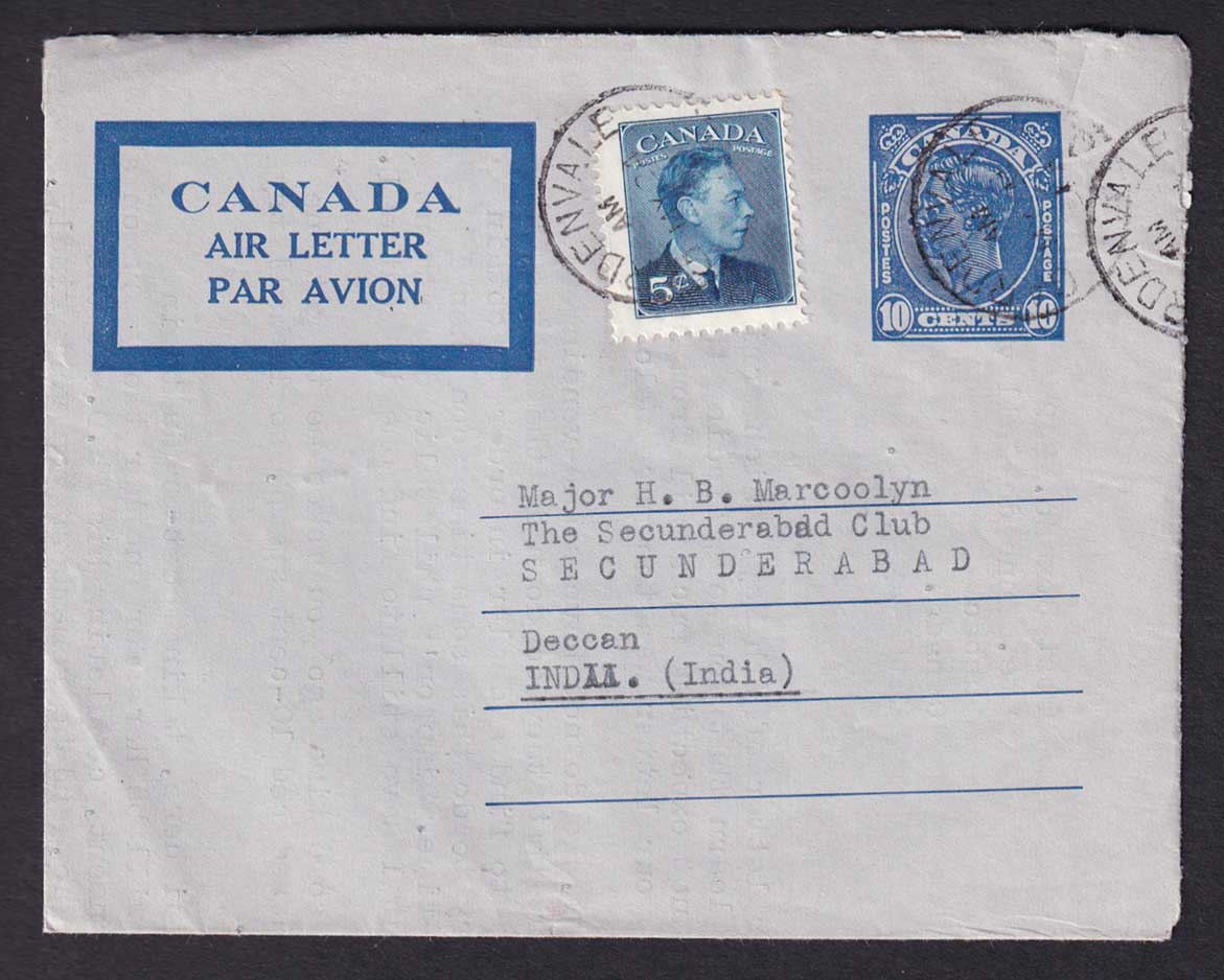 Canada KGVI 1950 Gardenvale Quebec Canada to Secunderabad India Uprated Air Letter Postal History