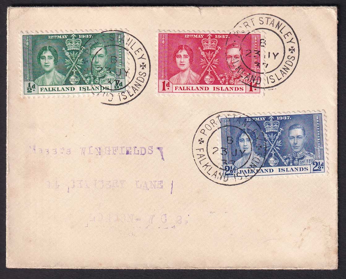 Falkland Islands KGVI 1937 Coronation Set Port Stanley to London England Cover Postal History