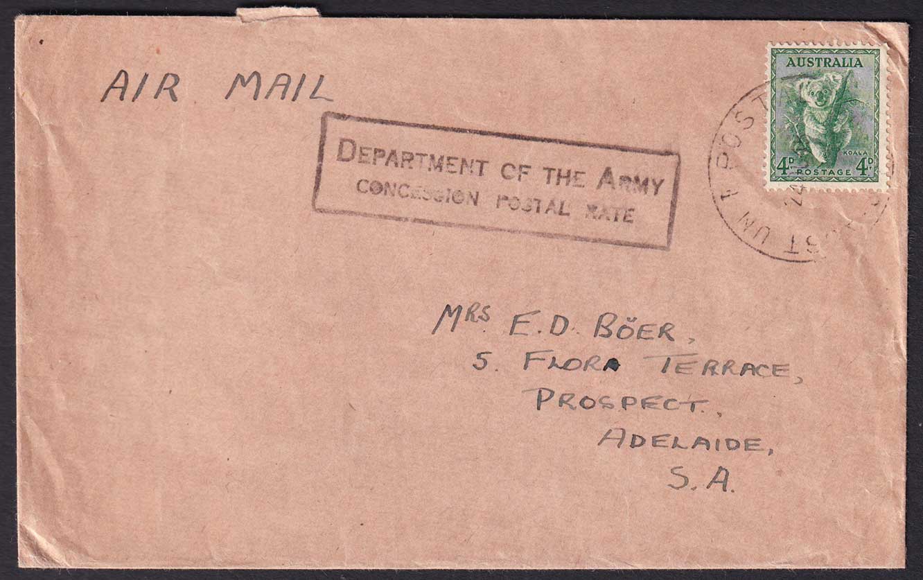 Australia KGVI Army Concession Rate Airmail Cover to Adelaide 4d Koala Postal History