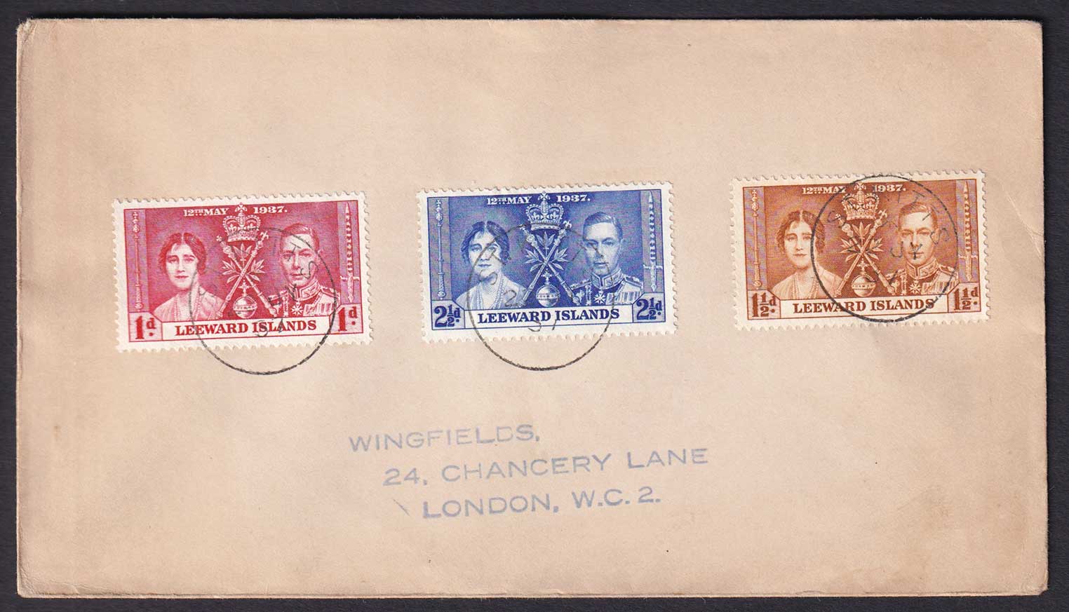 Leeward Islands KGVI 1937 Coronation Set on Cover St KItts to London England Postal History