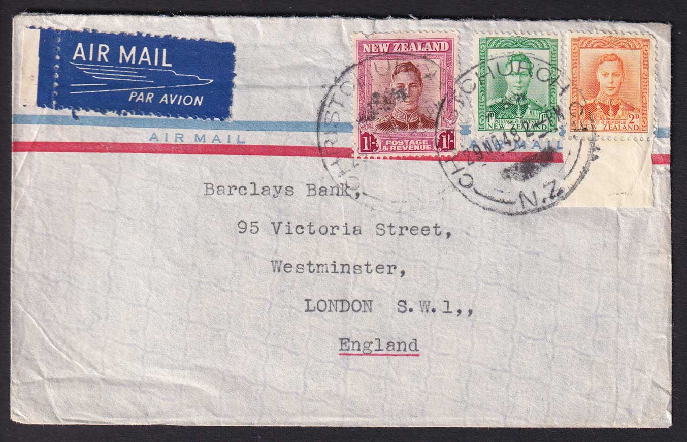 New Zealand KGVI 1948 Christchurch to London England Airmail Cover Postal History