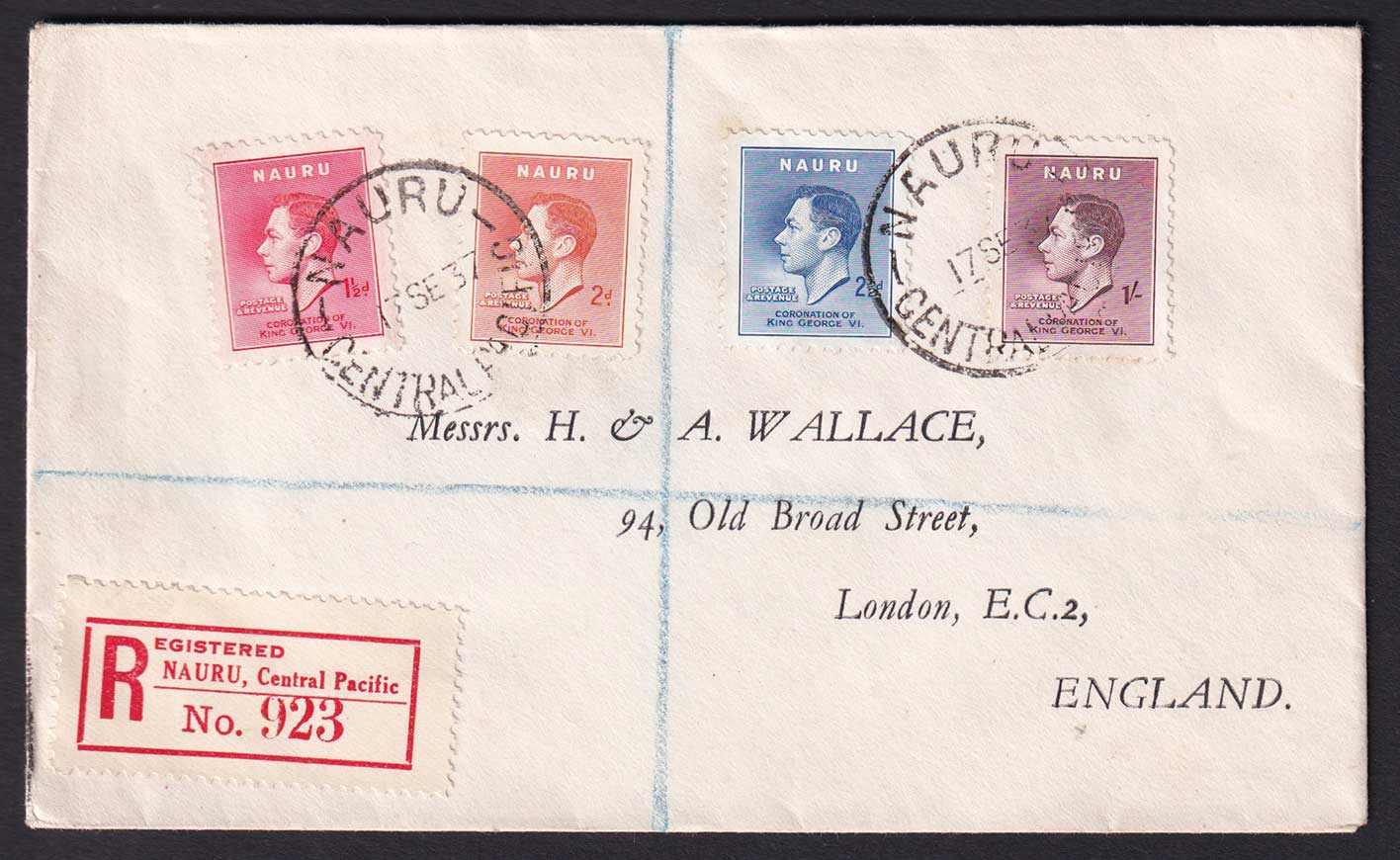 Nauru KGVI 1937 Coronation Set to London England Registered Cover Postal History