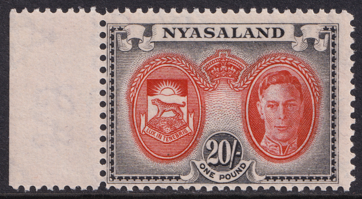 Nyasaland KGVI 1945 20s Scarlet Black SG157 Mint MH