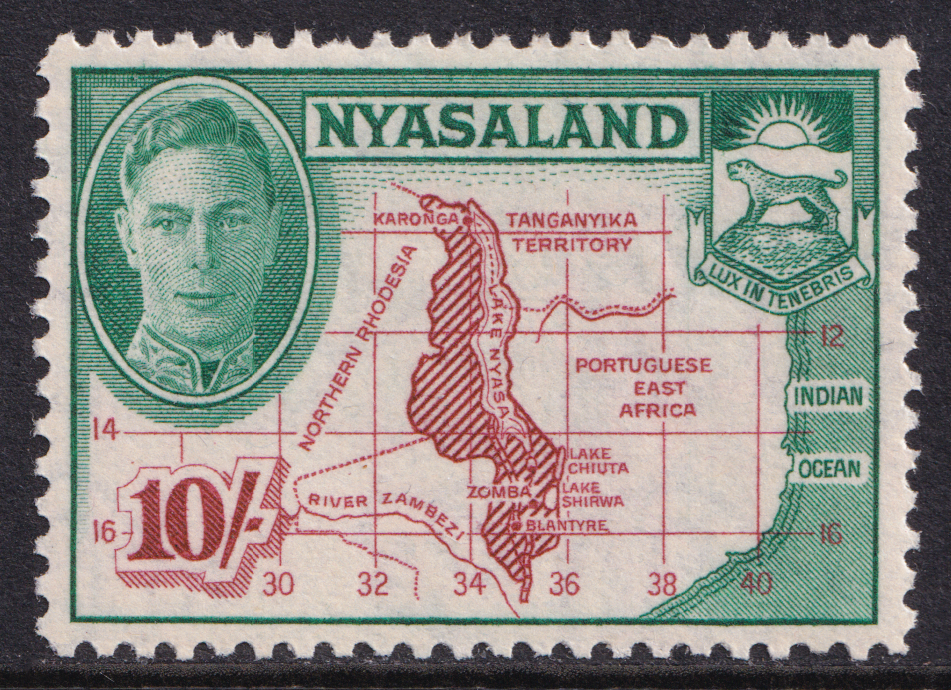 Nyasaland KGVI 1945 10s Claret Emerald SG156 Mint MH