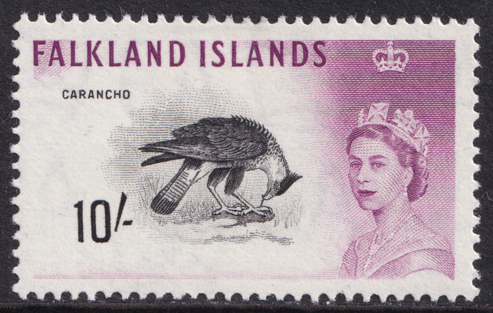 Falkland Islands QEII 1960-66 10s Black Purple Common Caracara SG206 Mint MH