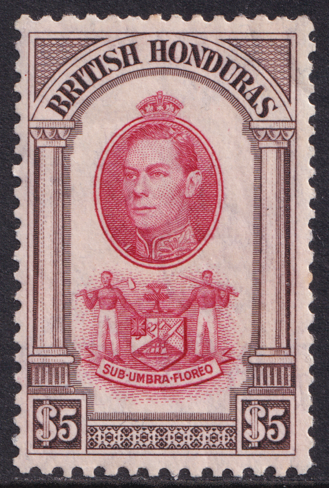 British Honduras KGVI 1938-47 $5 Scarlet Brown Arms SG161 Mint MH