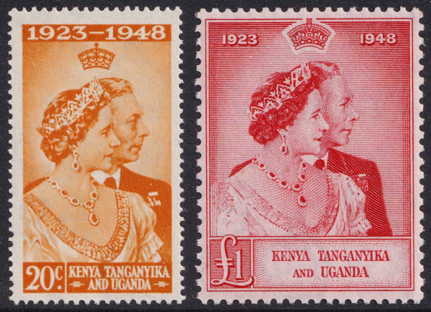 British KUT KGVI 1948 £1 Scarlet 20c Red-Orange Silver Wedding Set SG157/158 Mint MNH