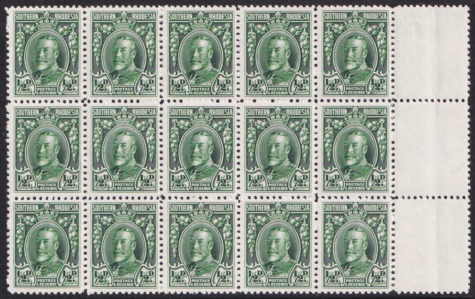 Southern Rhodesia KGV 1931-37 1/2d Green P12 Block x 15 SG15 Mint MNH