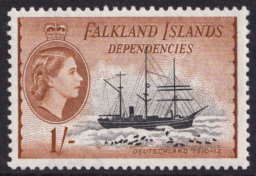 Falkland Islands QEII 1954-62 1s Black Brown Dependencies Ships SGG35 Mint MLH