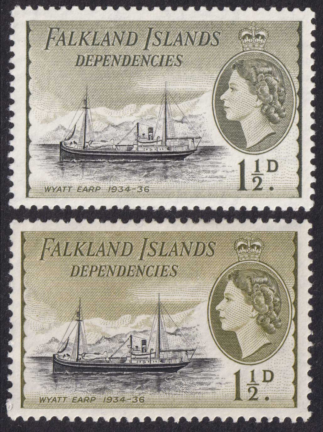 Falkland Islands QEII 1954-62 1 1/2d Olive Vars Dependencies Ships SGG28/G28a Mint MH