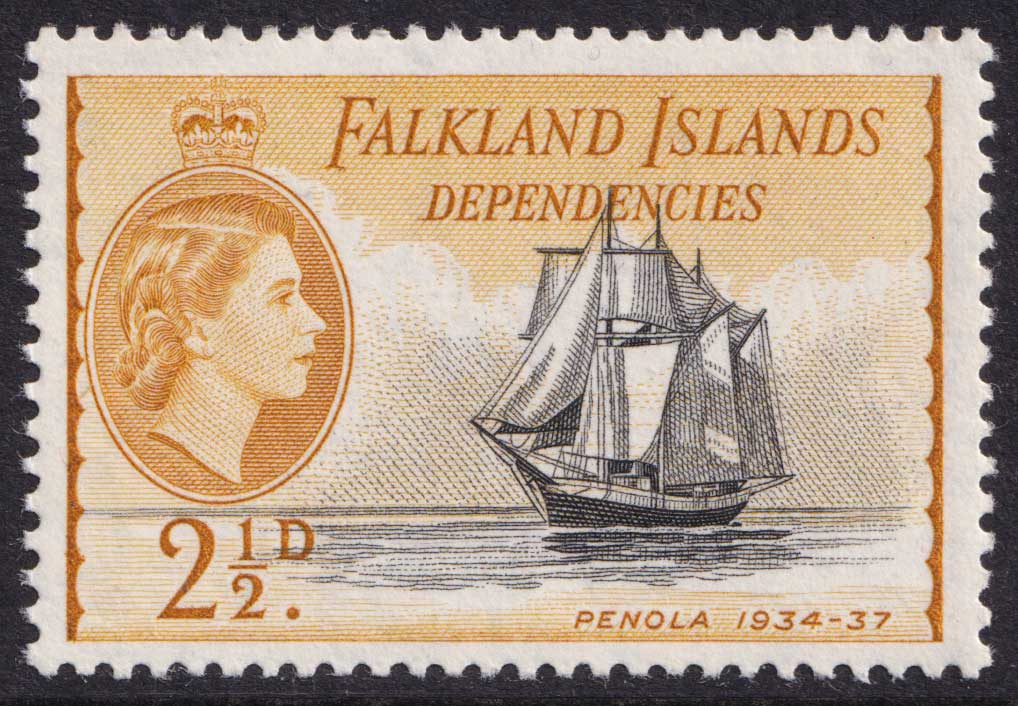 Falkland Islands QEII 1954-62 2 1/2d Black Yellow-Ochre Dependencies Ships SGG30 Mint MNH