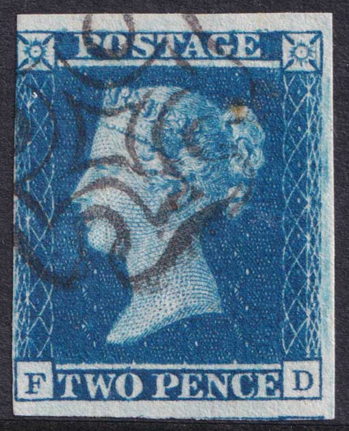 Great Britain QV 1841 2d Blue Imperf Black Maltese Cross FD Plate 3 SG14e Used