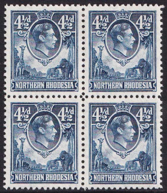 Northern Rhodesia KGVI 1938-52 4 1/2d Blue Animals SG37 Mint MNH/MH